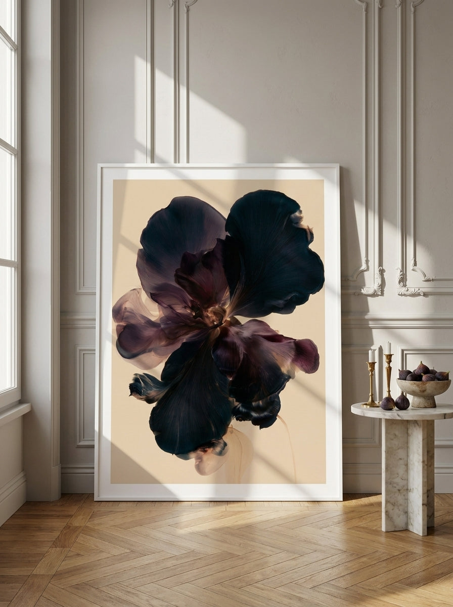 Oversized statement modern wall art print leaning against the wall in a Parisian dining room