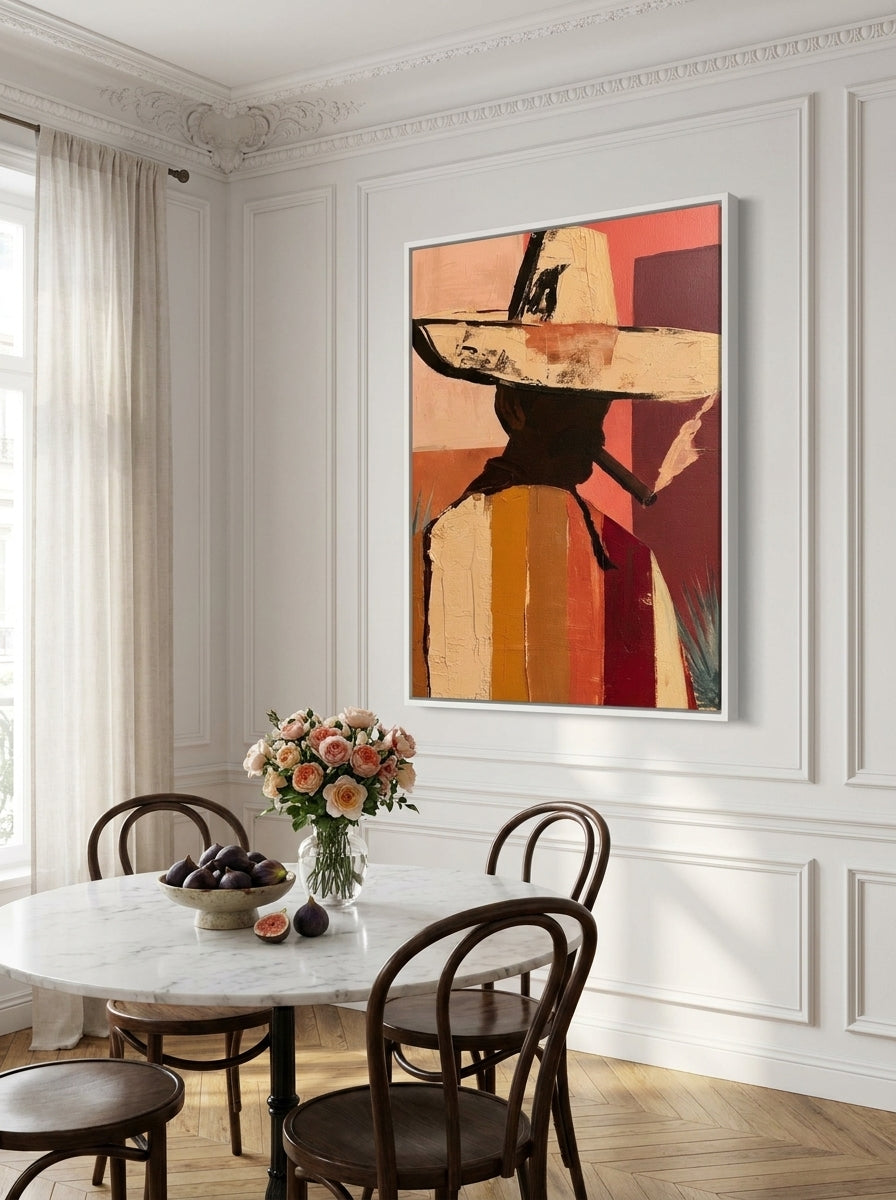 Oversized statement canvas wall art with a white surround styled on the wall in a Parisian dining room