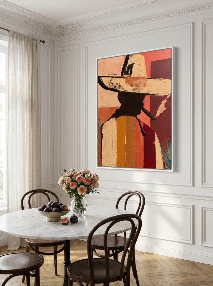 Oversized statement canvas wall art with a white surround styled on the wall in a Parisian dining room