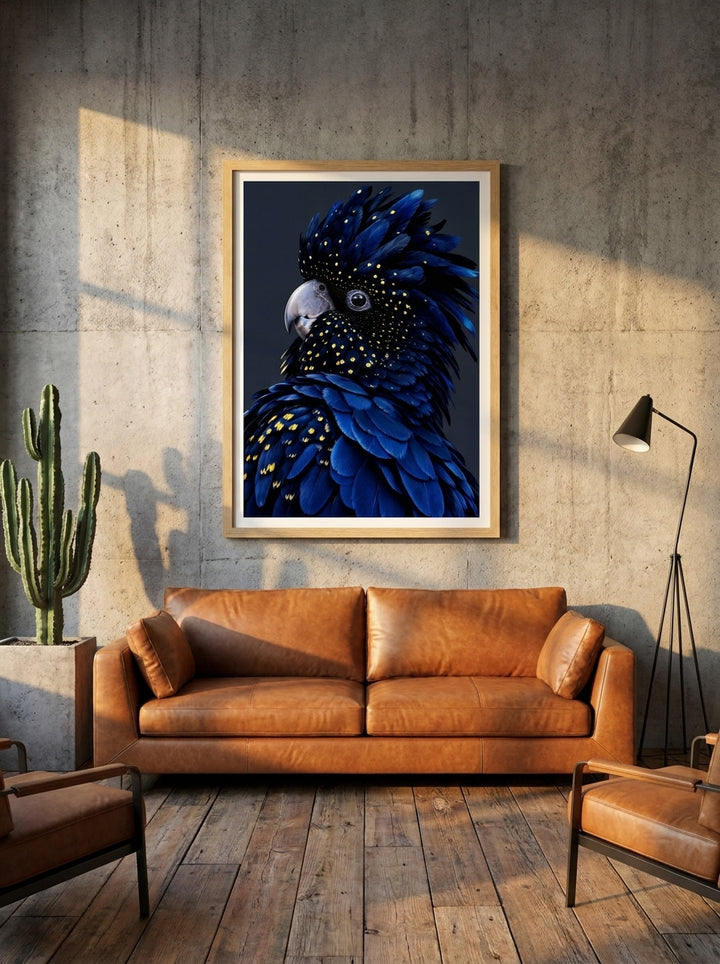 Modern wall art print styled on the wall in an industrial loft living room