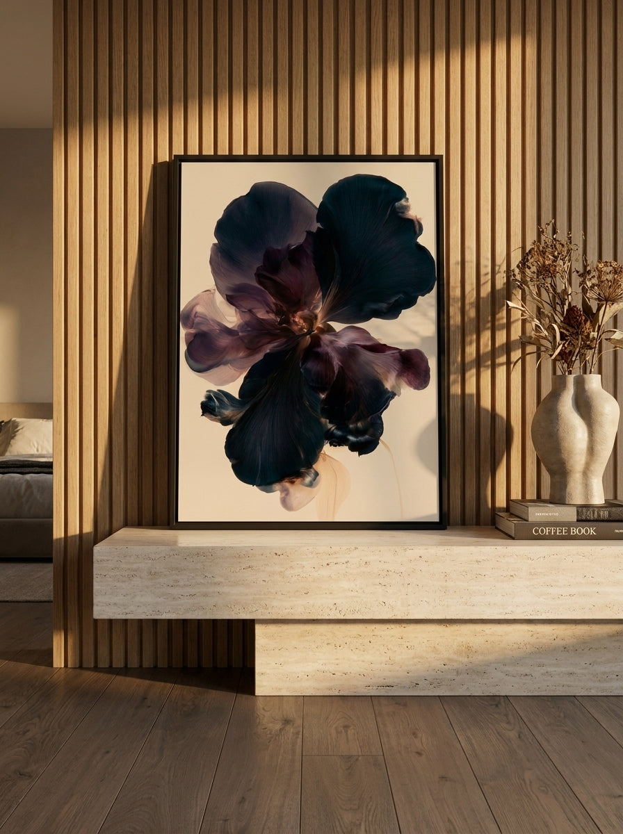 Modern wall art print standing on a console in a luxe bedroom