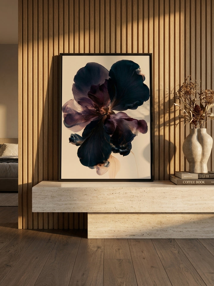 Modern wall art print standing on a console in a luxe bedroom