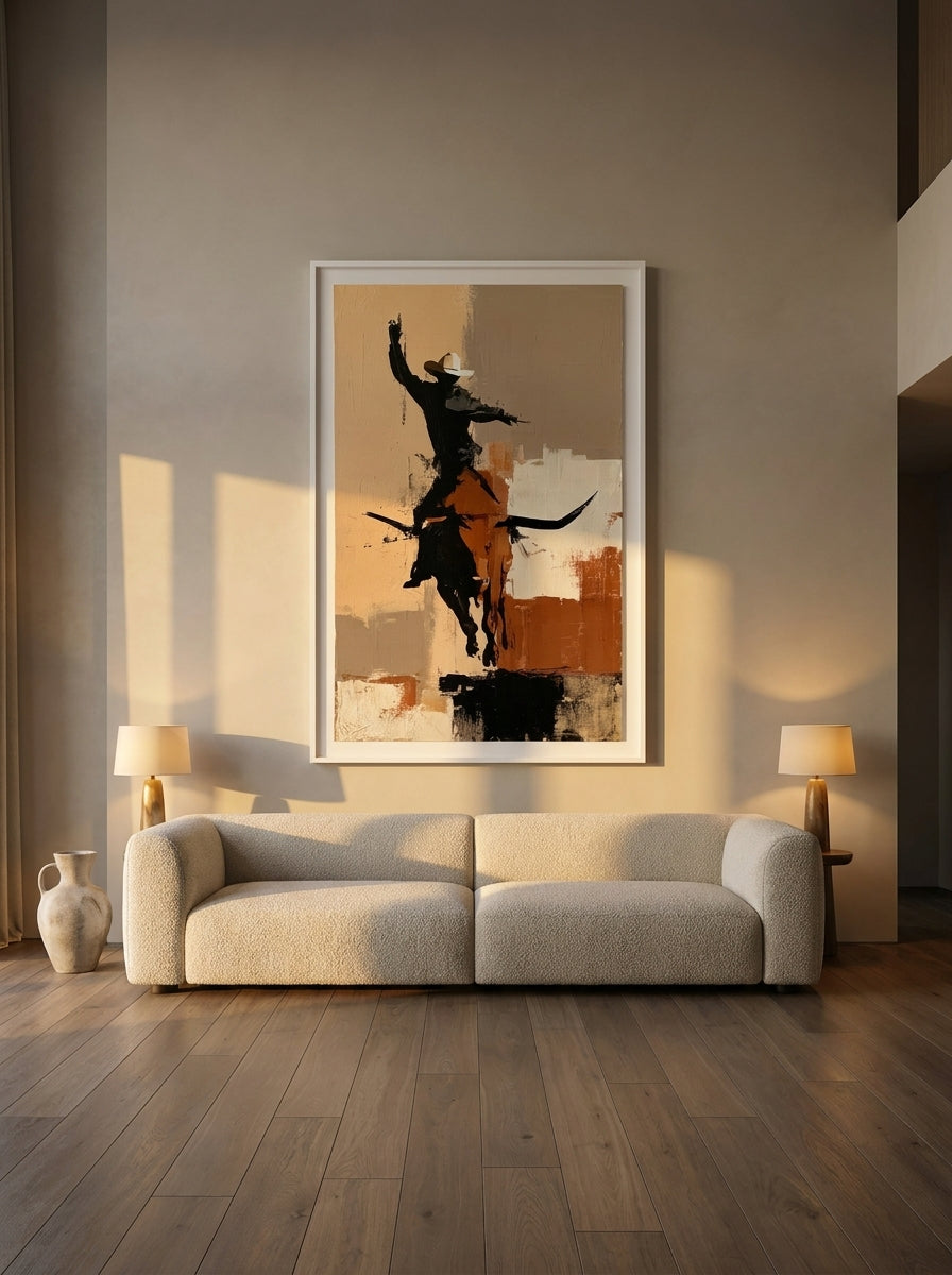 Oversized statement modern wall art print styled on the wall in a luxe living room