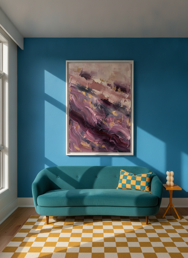 Oversized statement modern wall art print styled on the wall in a colourful eclectic living room