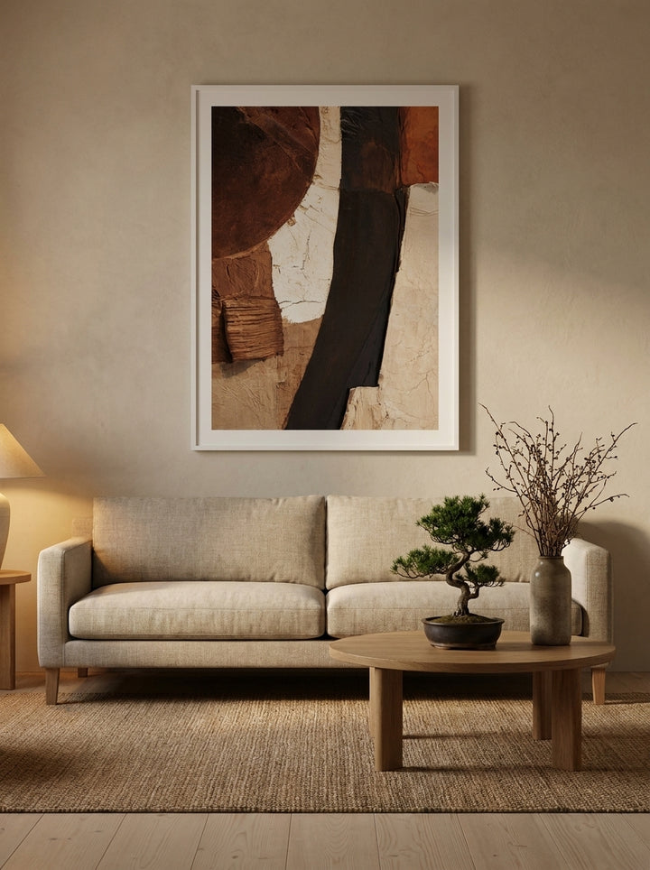 Modern wall art print styled on the wall in a warm Japandi living room
