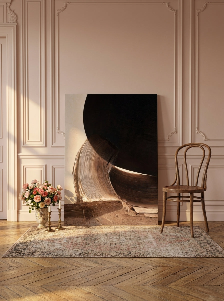 Stretched canvas wall art leaning against the wall in a Parisian bedroom