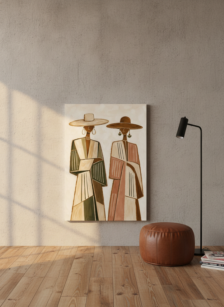 Stretched canvas wall art leaning against the wall in an industrial loft home office