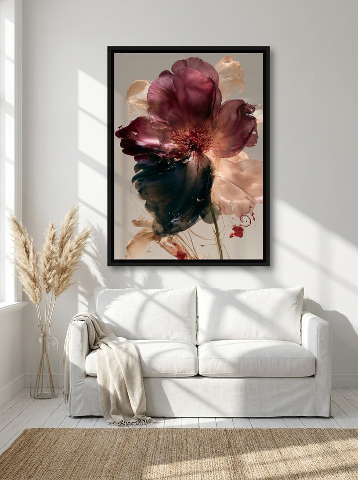 Canvas wall art with a black surround styled on the wall in a coastal living room