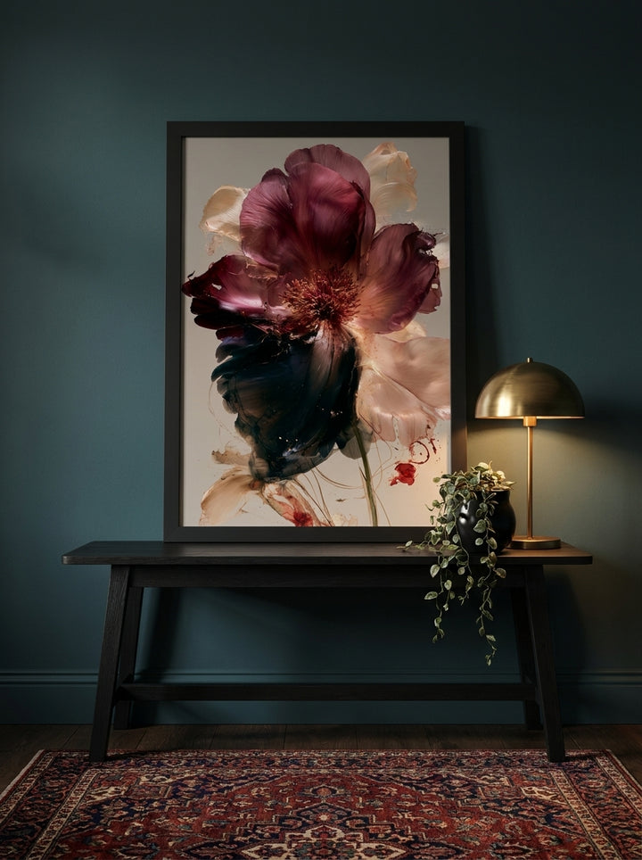 Modern wall art print standing on a console in a moody bedroom