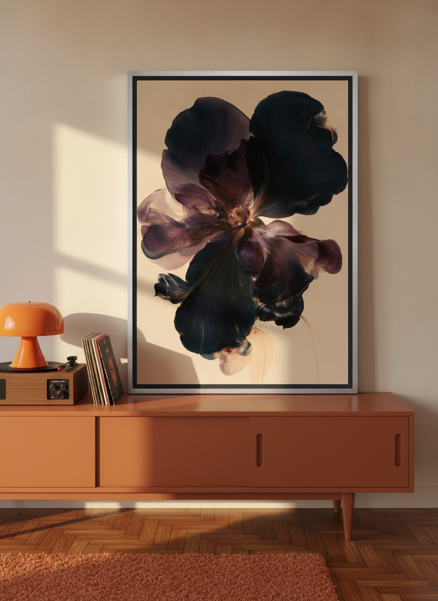 Canvas wall art with a silver leaf surround standing on a sideboard in a retro 70s bedroom