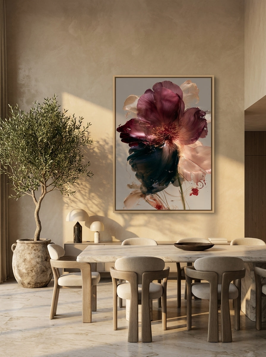 Oversized statement canvas wall art with a natural timber surround styled on the wall in a luxe dining room