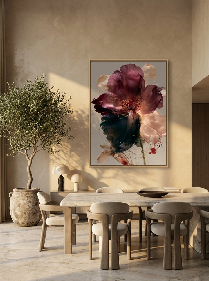 Oversized statement canvas wall art with a natural timber surround styled on the wall in a luxe dining room