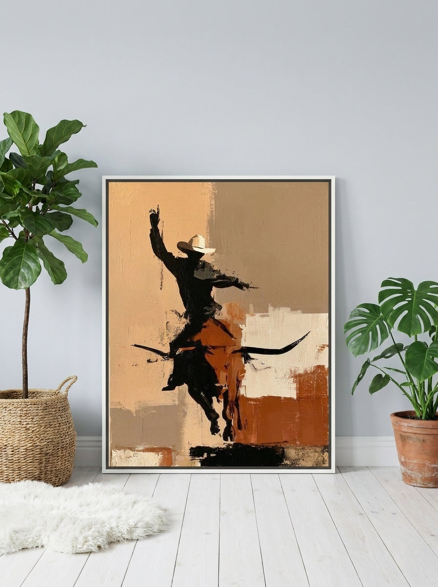 Canvas wall art with a white surround leaning against the wall in a bright Scandinavian living room