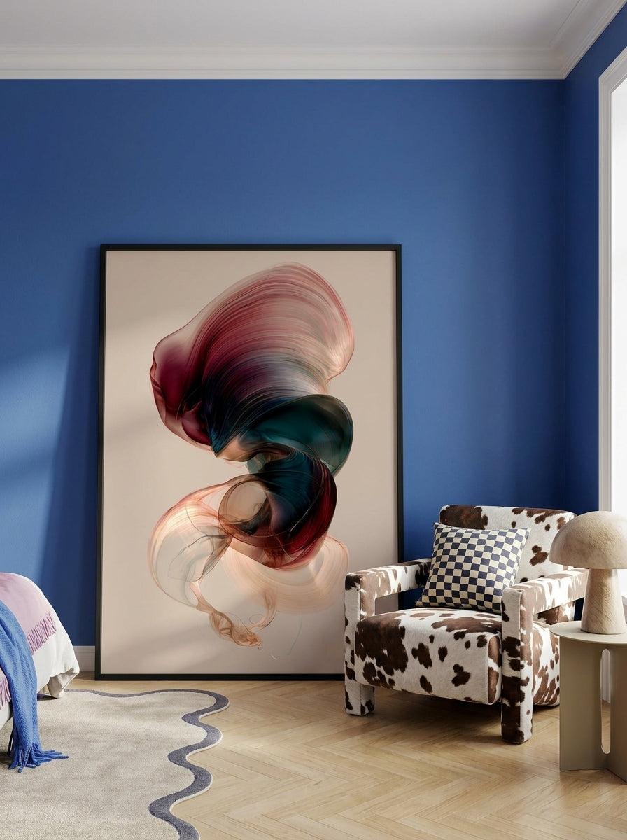 Oversized statement modern wall art print leaning against the wall in a colourful eclectic bedroom