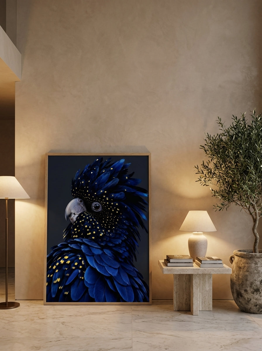 Oversized statement modern wall art print leaning against the wall in a luxe living room