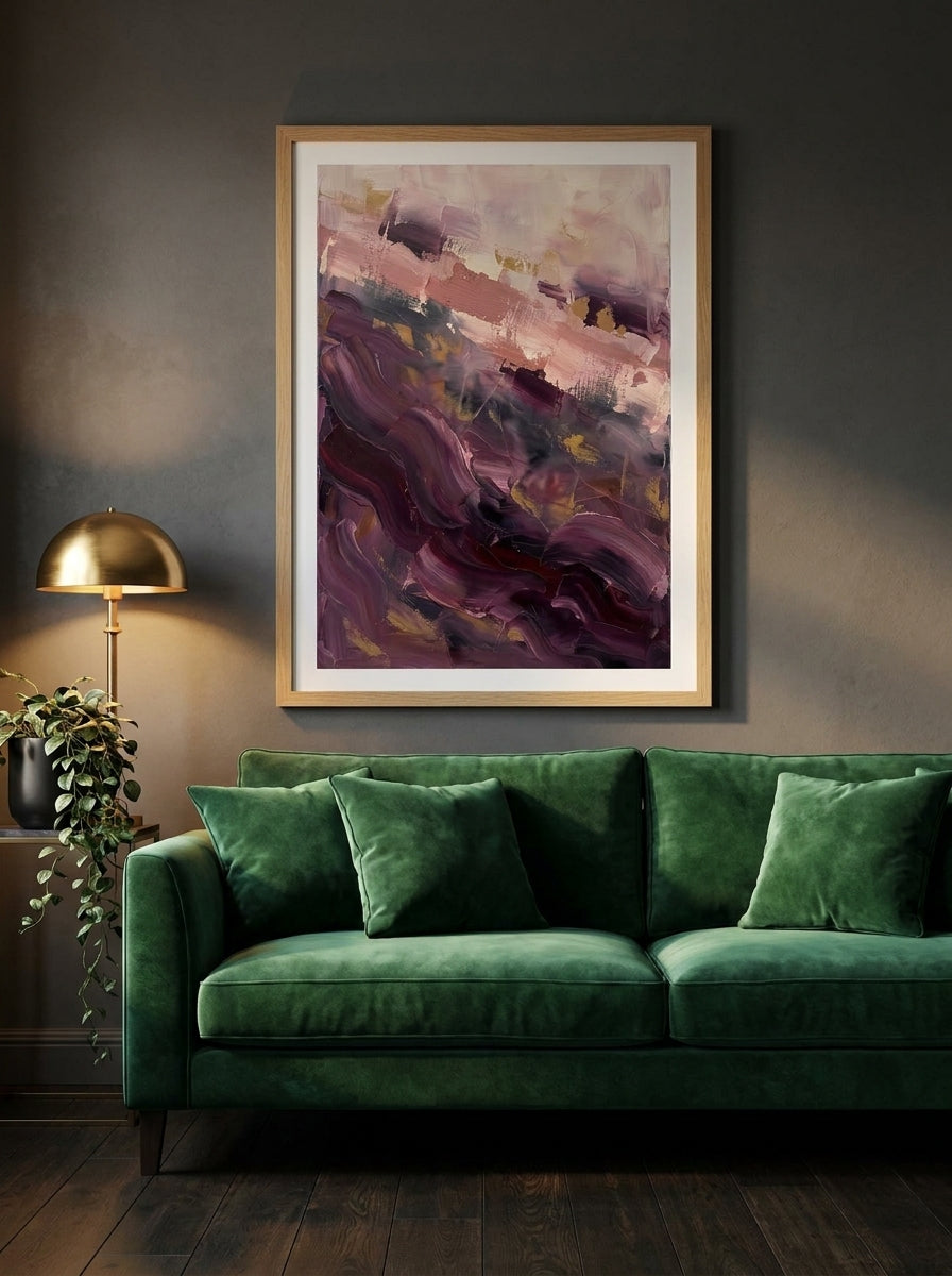 Modern wall art print styled on the wall in a moody living room
