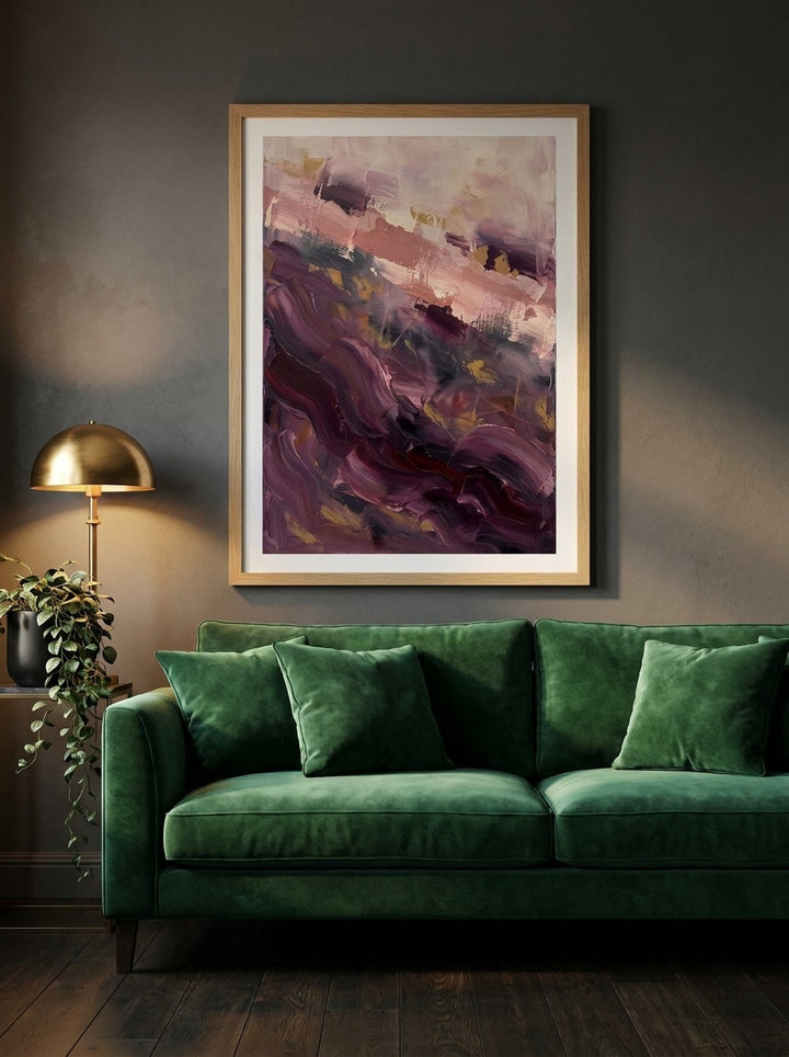 Modern wall art print styled on the wall in a moody living room