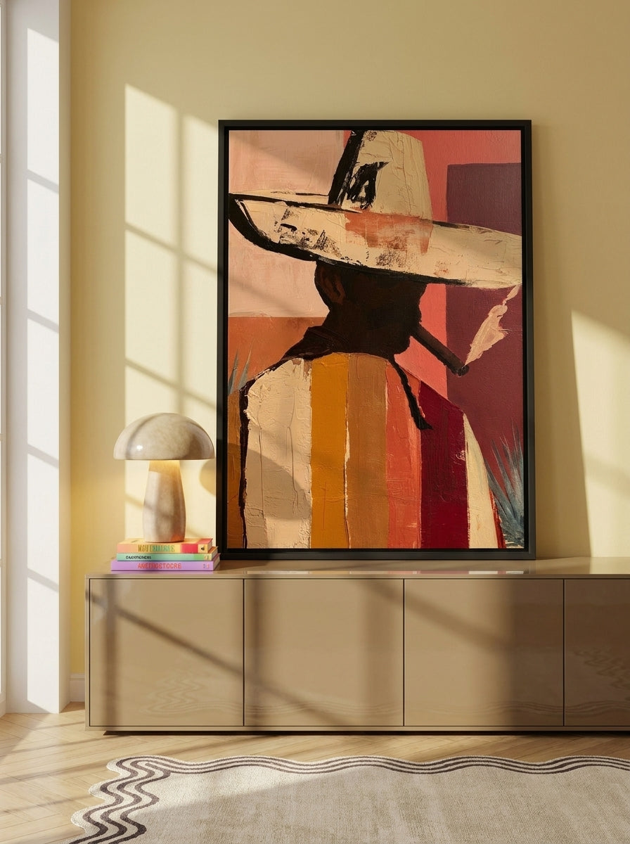 Canvas wall art with a black surround standing on a sideboard in a colourful eclectic bedroom