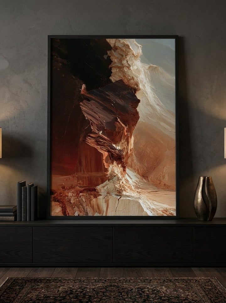Modern wall art print standing on a console in a moody dining room