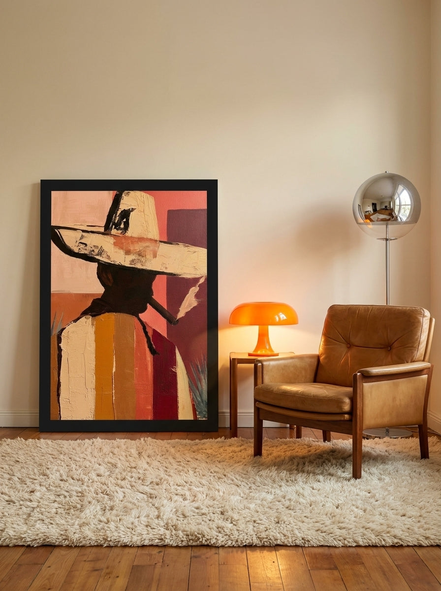 Modern wall art print leaning against the wall in a retro 70s home office