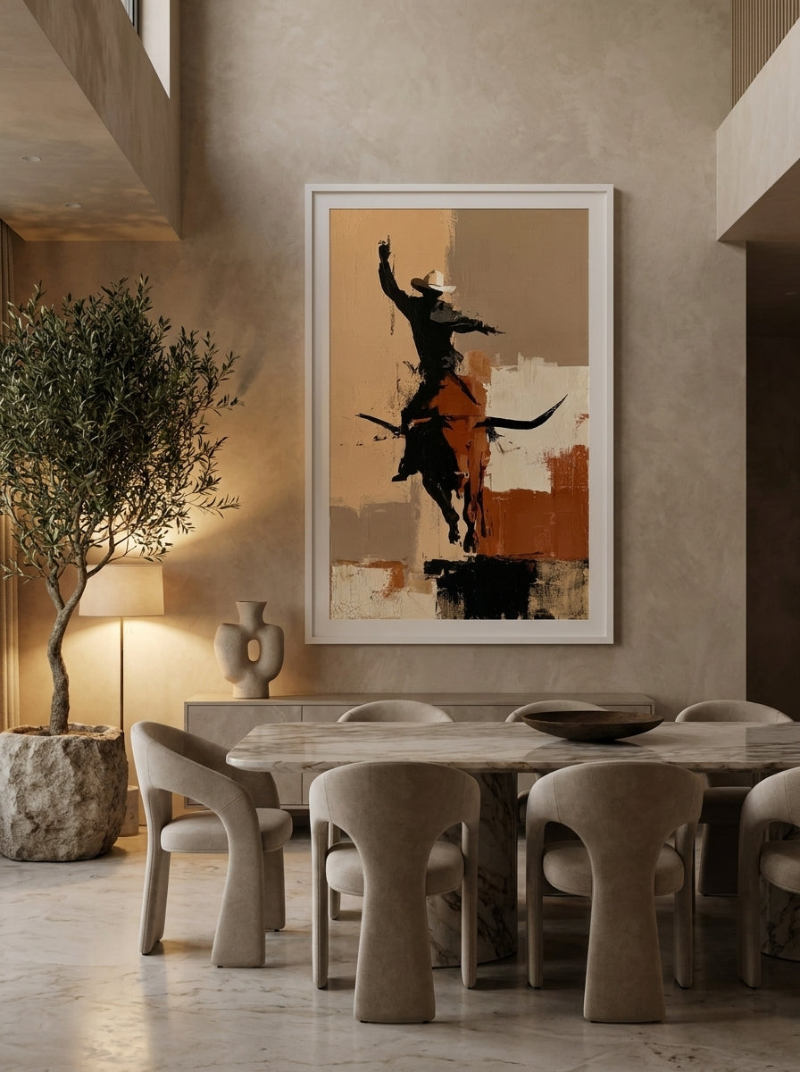 Oversized statement modern wall art print styled on the wall in a luxe dining room
