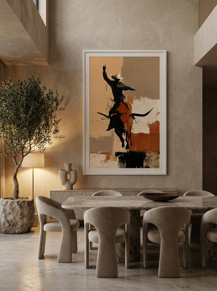 Oversized statement modern wall art print styled on the wall in a luxe dining room