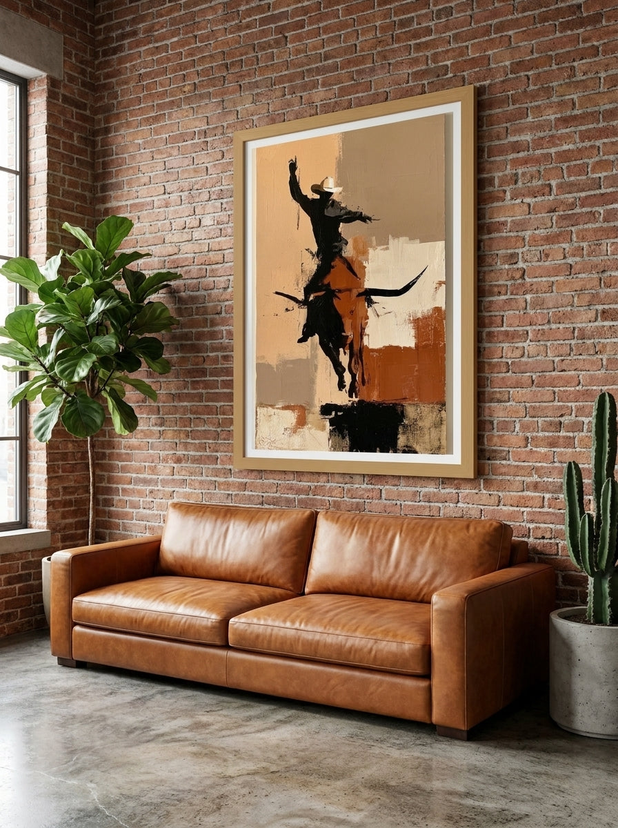 Modern wall art print styled on the wall in an industrial loft living room