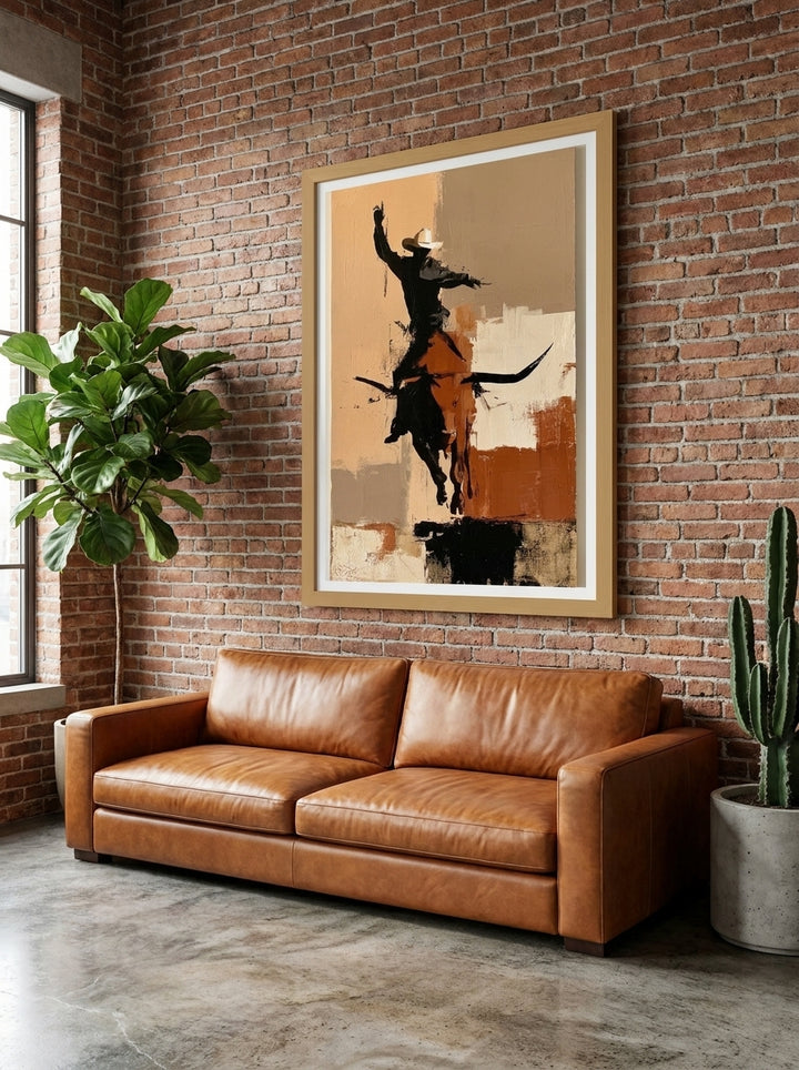 Modern wall art print styled on the wall in an industrial loft living room