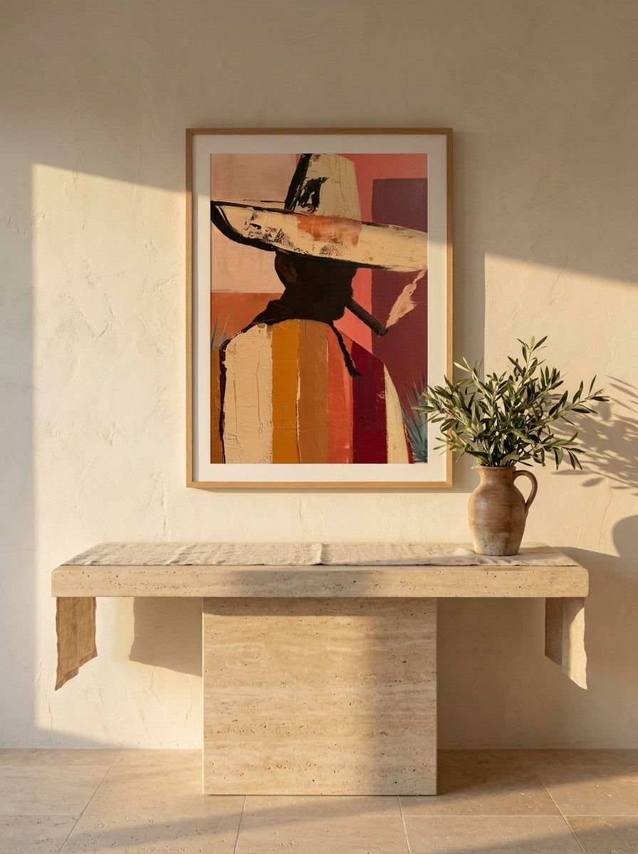 Modern wall art print styled on the wall in a Mediterranean living room