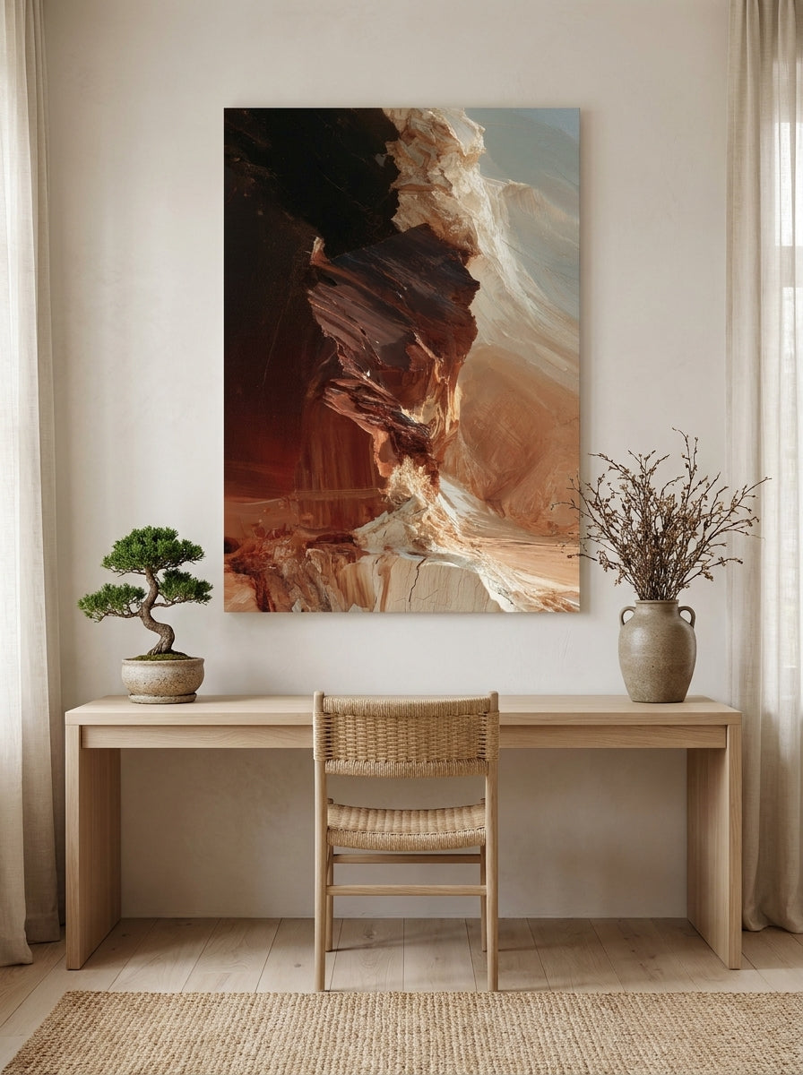 Stretched canvas wall art styled on the wall in a warm Japandi home office