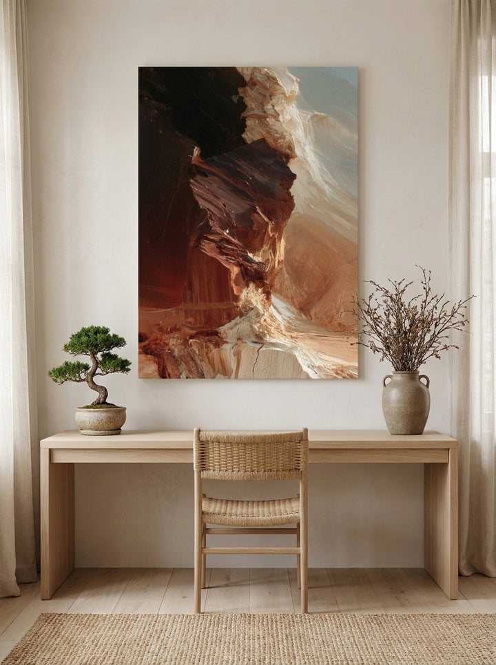 Stretched canvas wall art styled on the wall in a warm Japandi home office