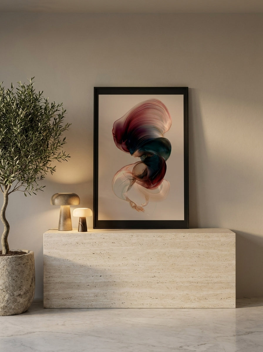 Modern wall art print standing on a console in a luxe home office