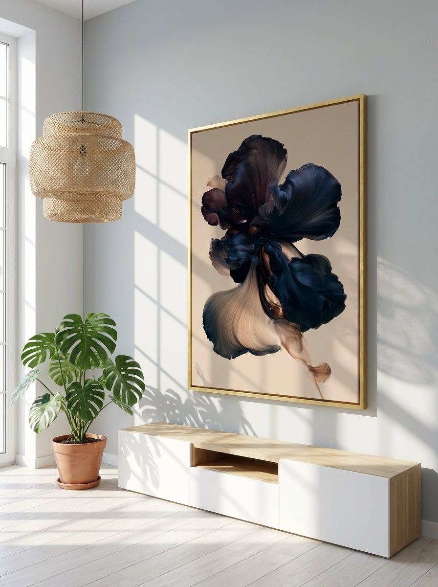 Oversized statement canvas wall art with a gold leaf surround styled on the wall in a bright Scandinavian living room