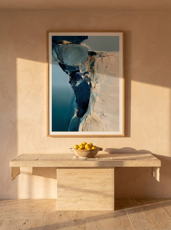 Modern wall art print styled on the wall in a Mediterranean living room