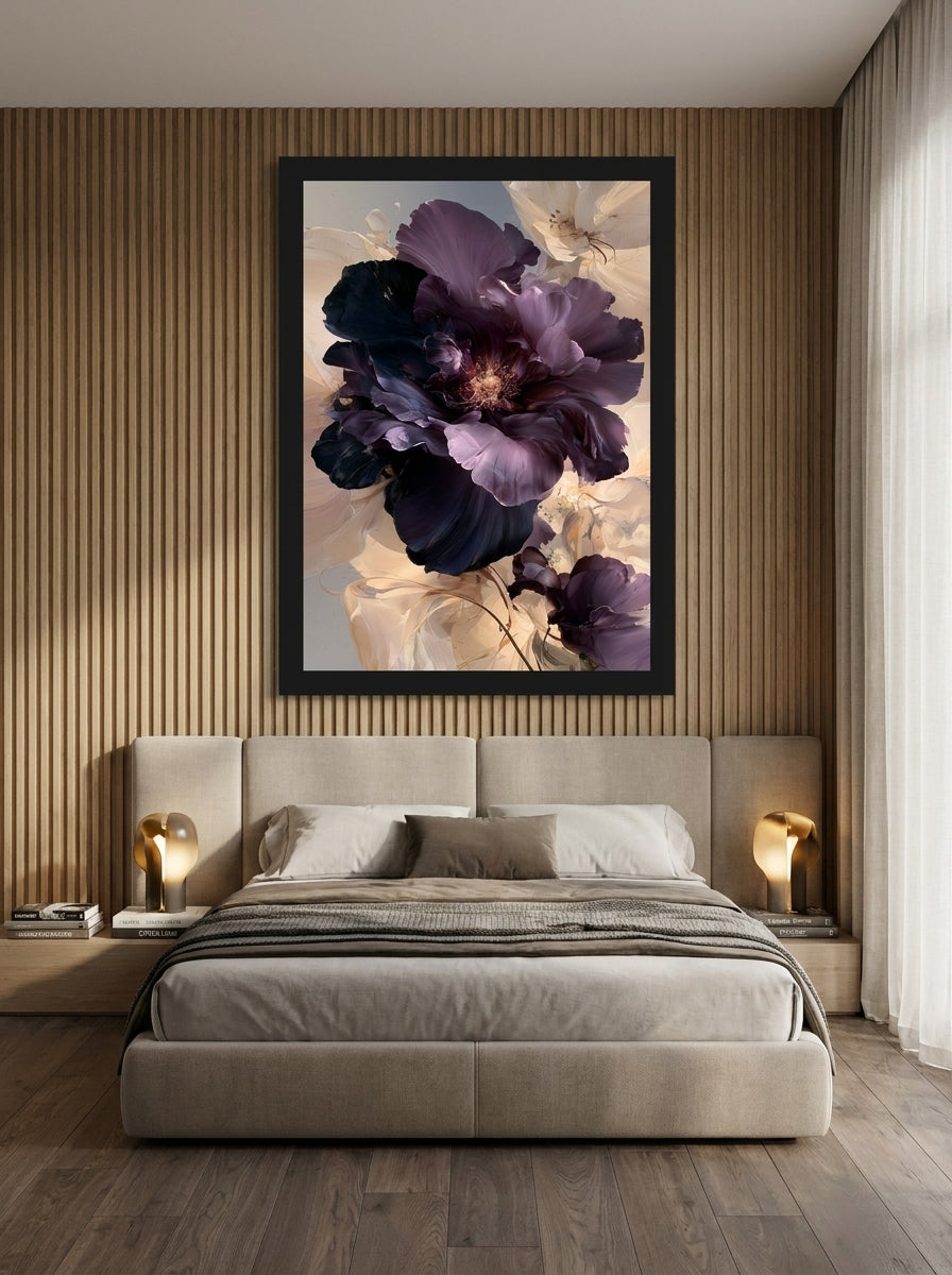 Modern wall art print styled on the wall in a luxe bedroom
