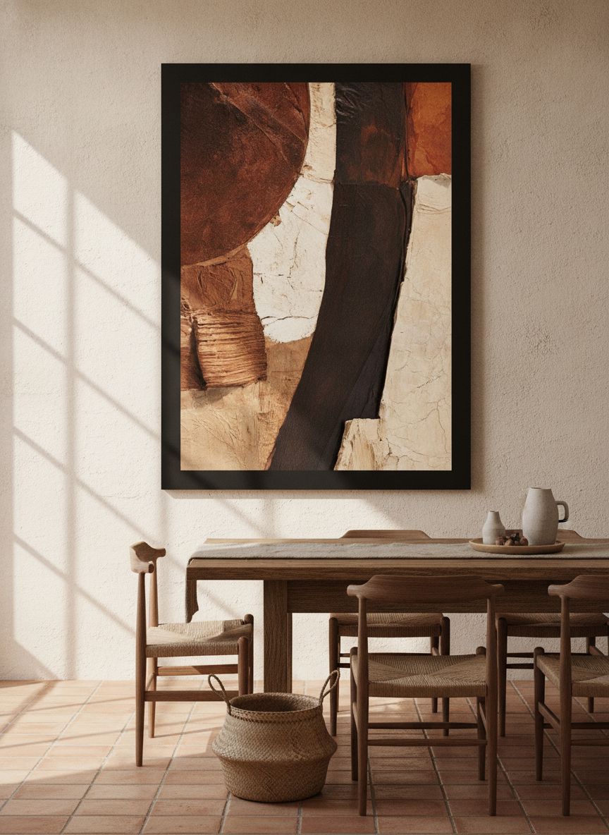 Oversized statement modern wall art print styled on the wall in a Mediterranean dining room