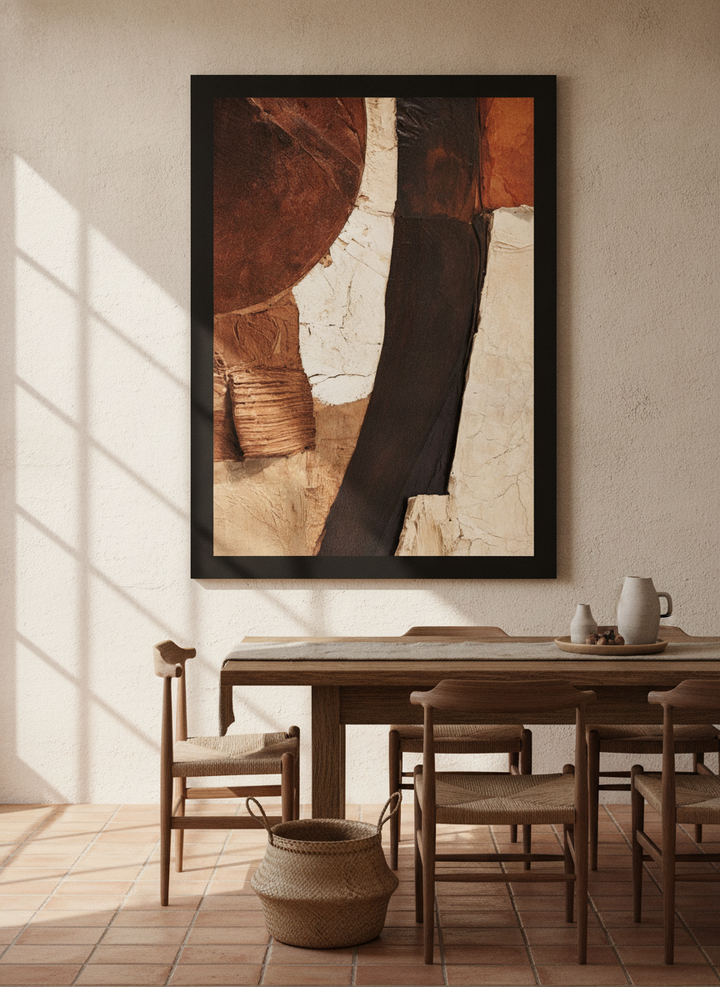 Oversized statement modern wall art print styled on the wall in a Mediterranean dining room
