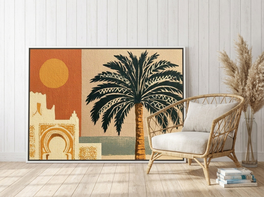 Oversized statement canvas wall art with a white surround leaning against the wall in a coastal bedroom