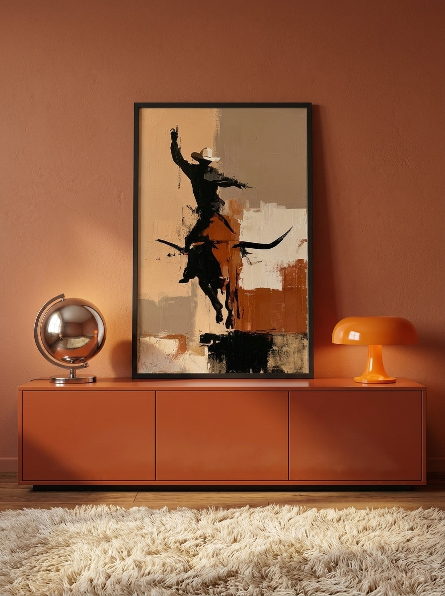 Modern wall art print standing on a sideboard in a retro 70s home office