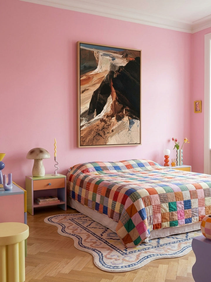 Canvas wall art with a natural timber surround styled on the wall in a colourful eclectic bedroom