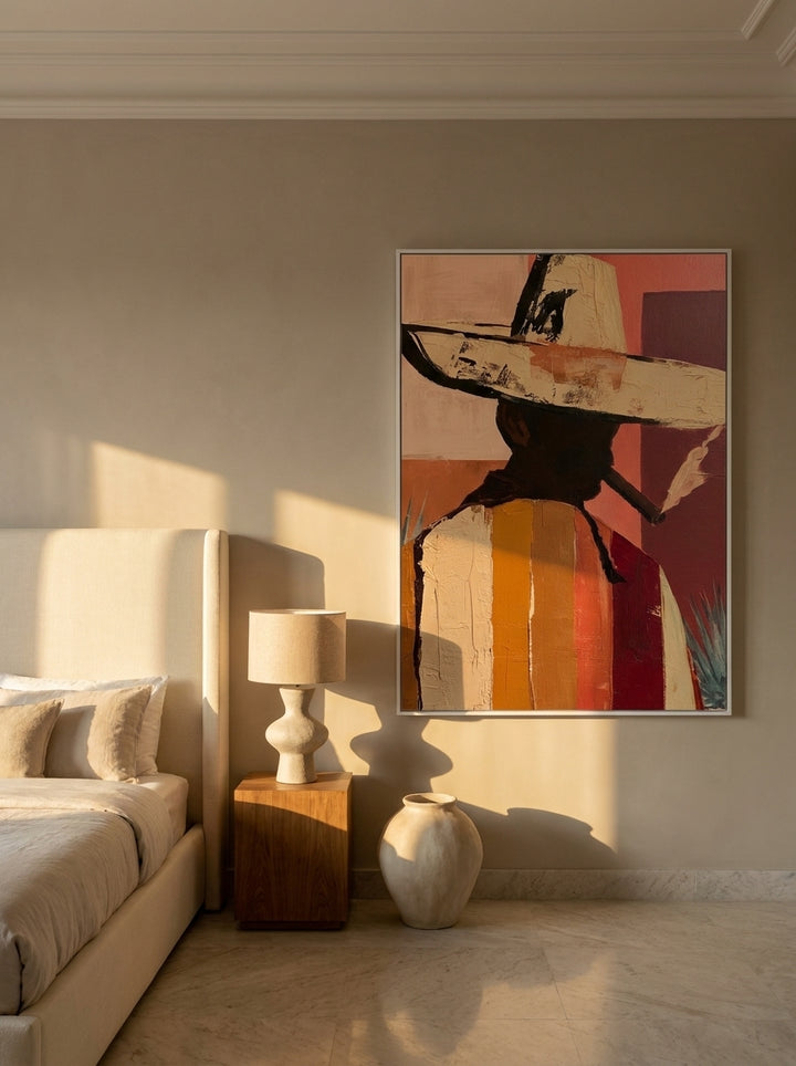 Oversized statement modern wall art print styled on the wall in a luxe bedroom