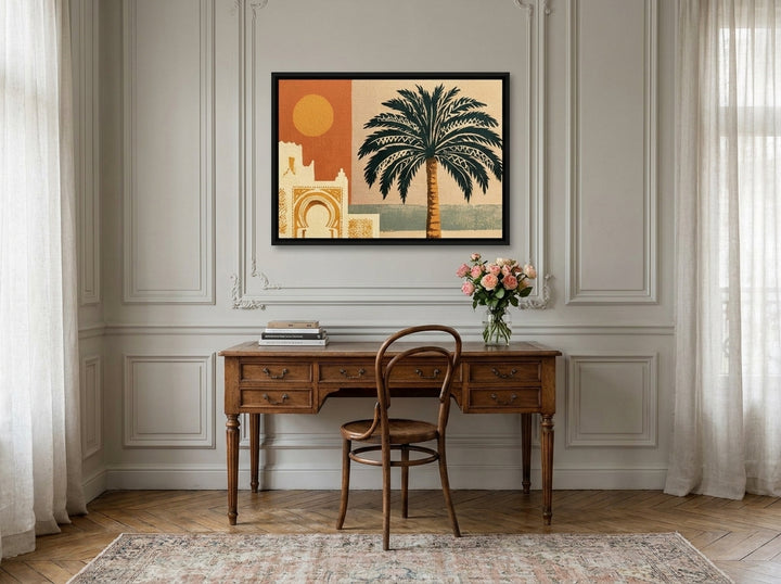 Canvas wall art with a black surround styled on the wall in a Parisian home office