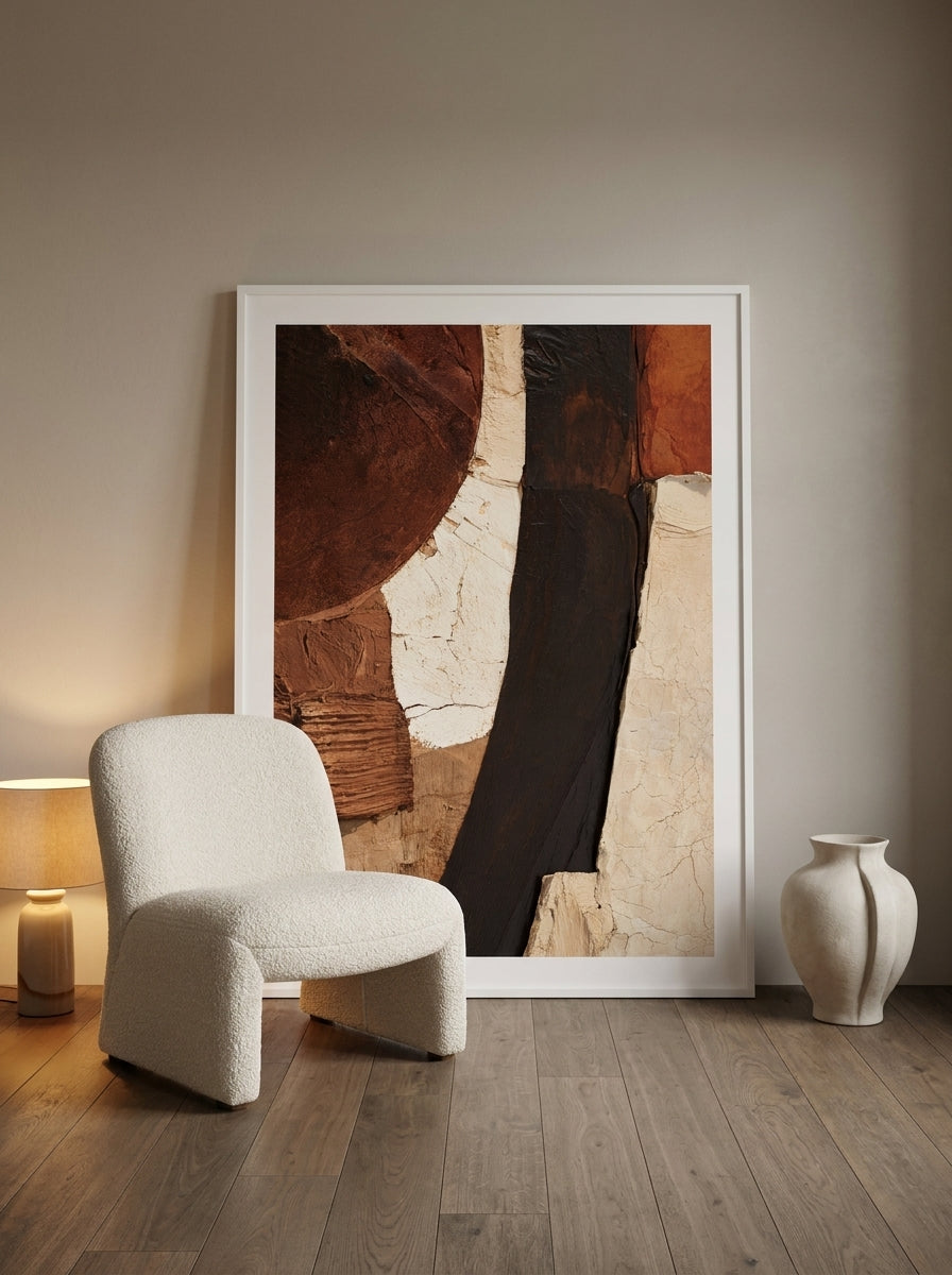 Oversized statement modern wall art print leaning against the wall in a luxe dining room