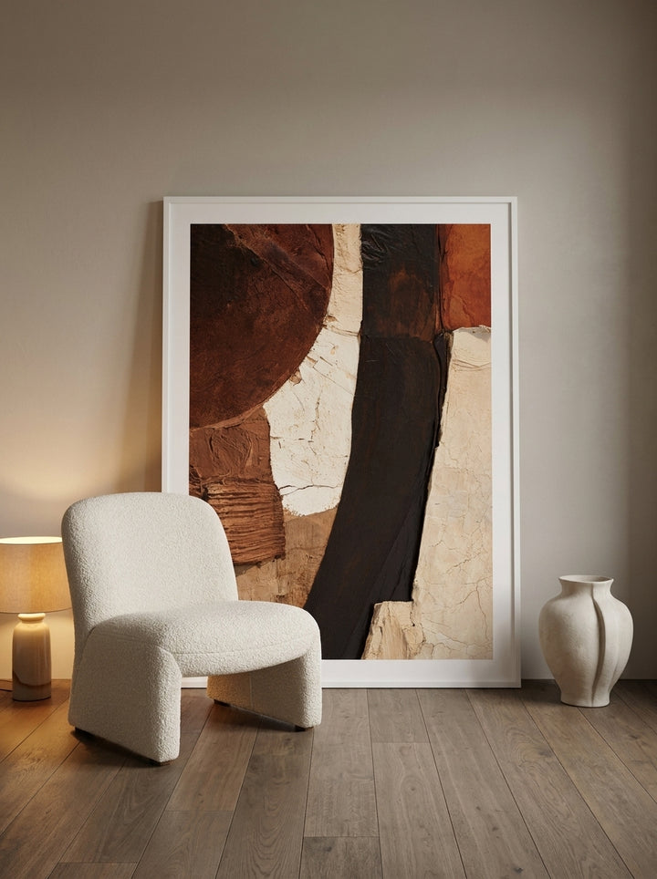 Oversized statement modern wall art print leaning against the wall in a luxe dining room