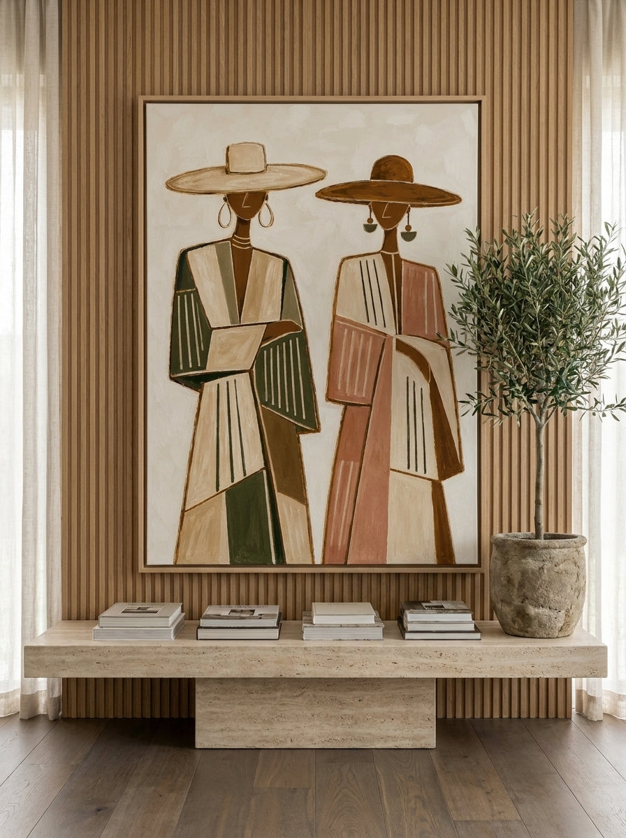 Oversized statement canvas wall art with a natural timber surround styled on the wall in a luxe living room