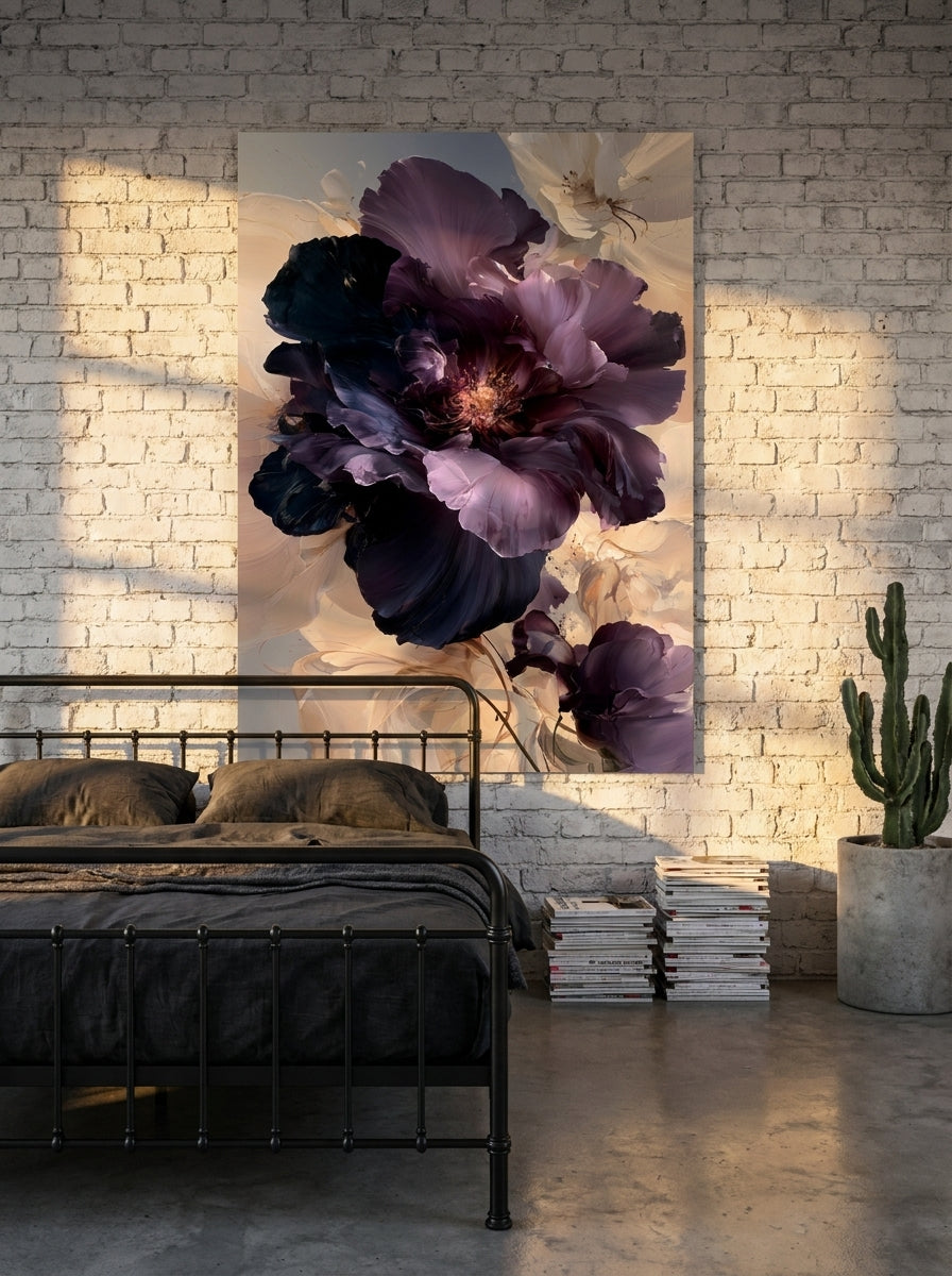 Stretched canvas wall art styled on the wall in an industrial loft bedroom