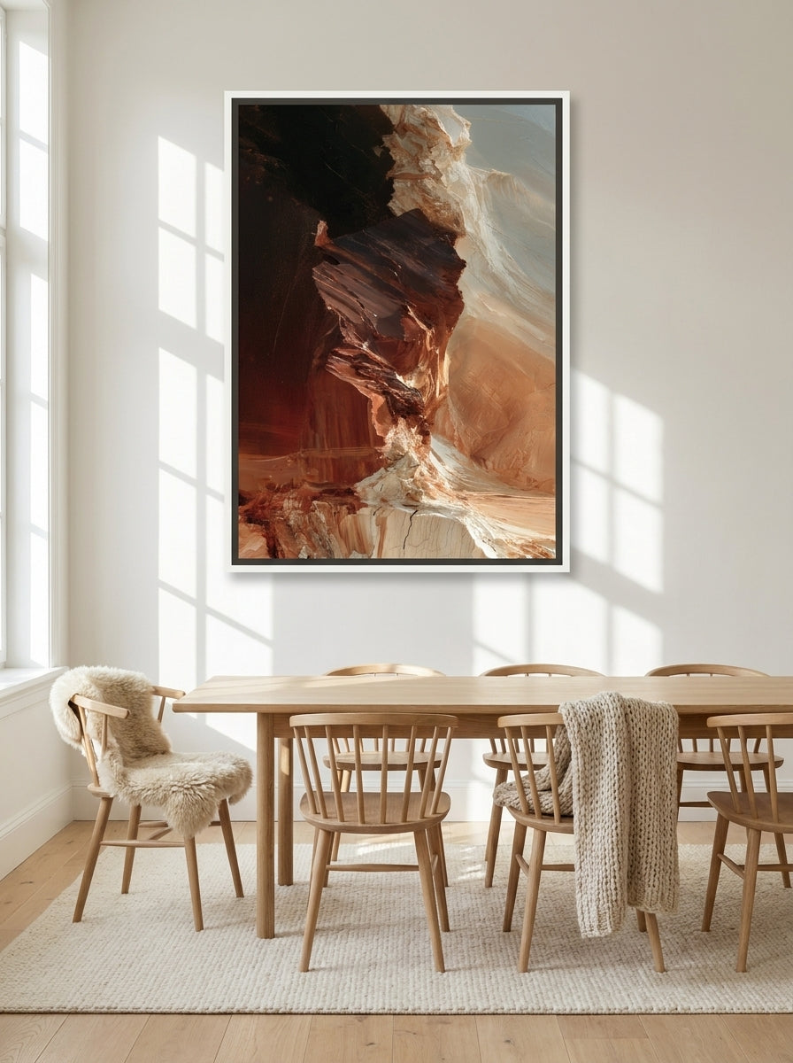 Canvas wall art with a white surround styled on the wall in a bright Scandinavian dining room