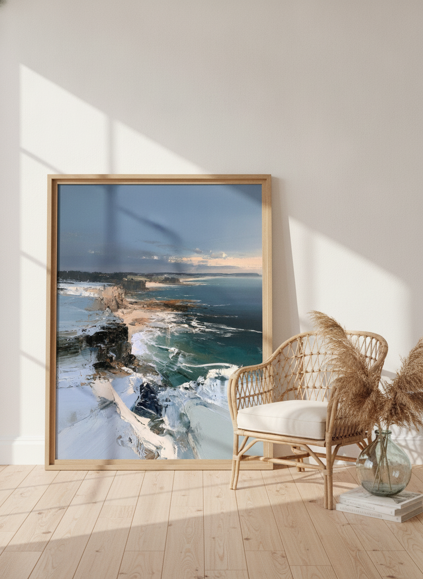Oversized statement modern wall art print leaning against the wall in a coastal living room