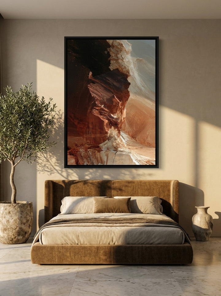 Oversized statement canvas wall art with a black surround styled on the wall in a luxe bedroom