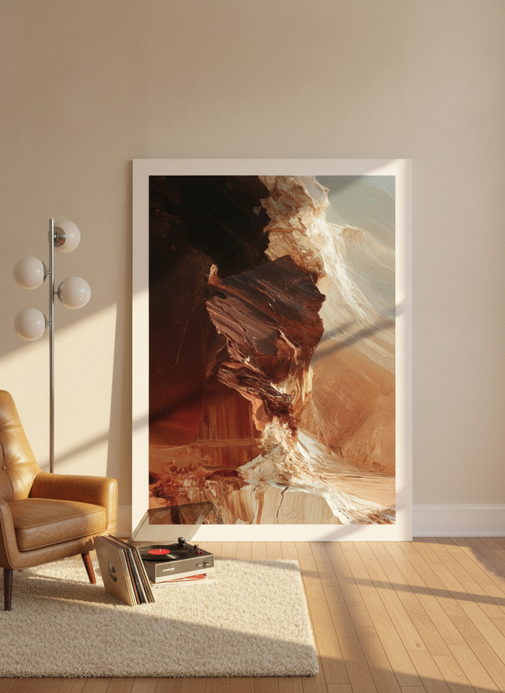 Oversized statement modern wall art print leaning against the wall in a retro 70s living room